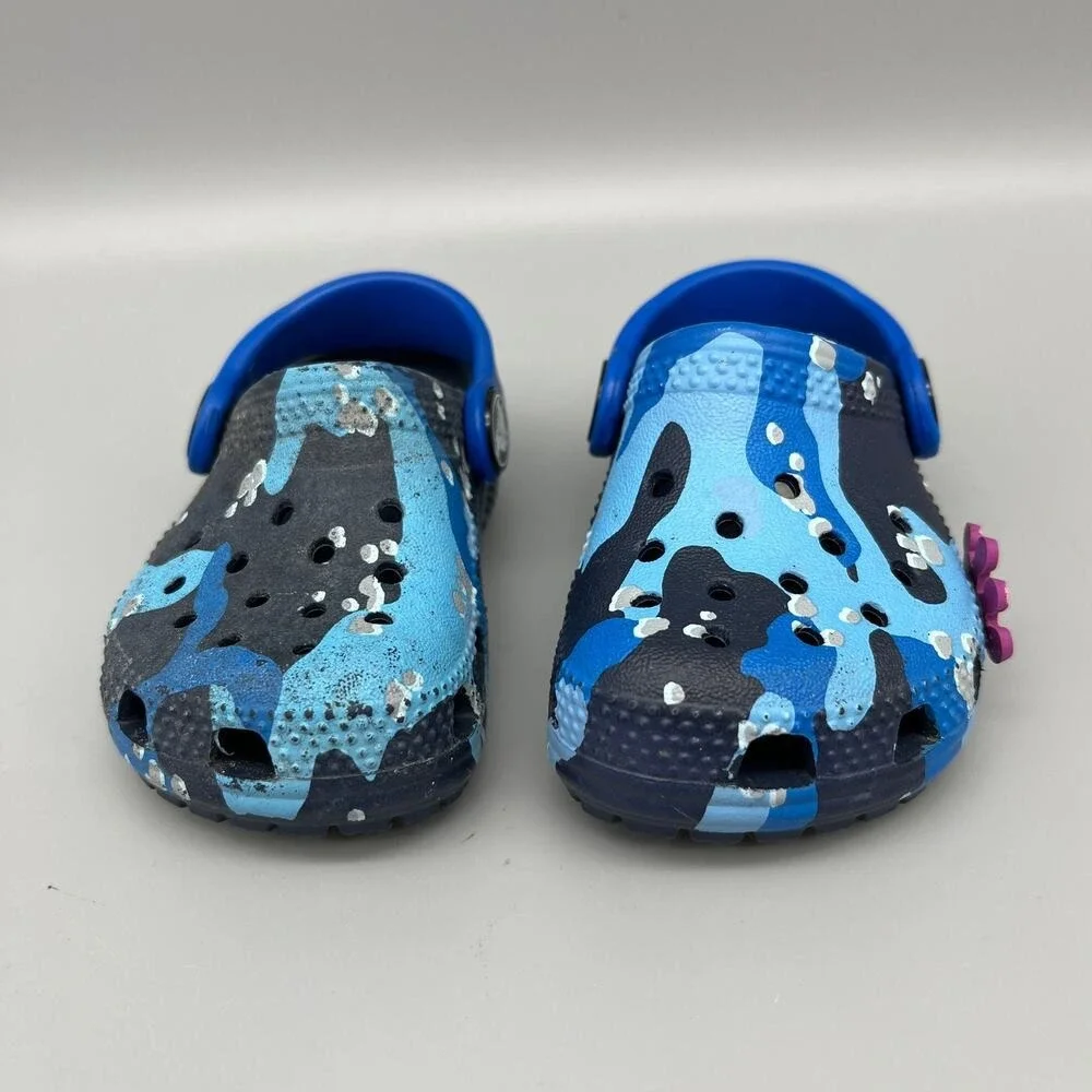 Crocs Children 4 Blue Camo Comfort‎ Shoes toddler Boys/Girls Slides Mules Clog